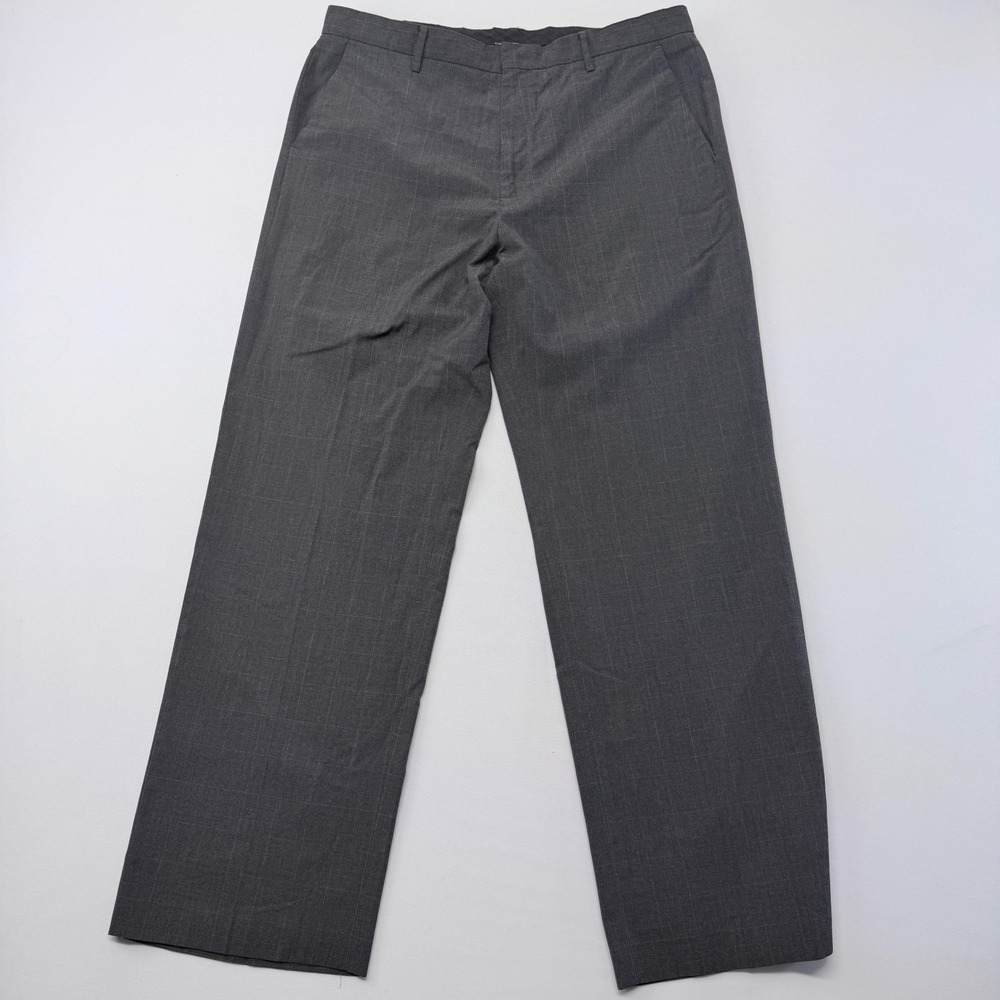 Calvin Klein Mens Gray Glen Plaid Dress Pants 34x30 Flat Front Straight Leg